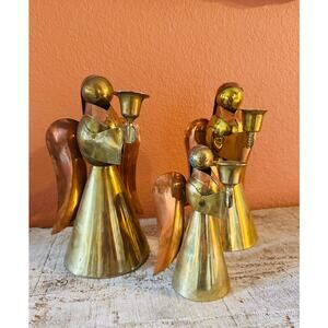Vintage Set of 3 Brass Copper Angel Candle Holders Holiday Table Decor